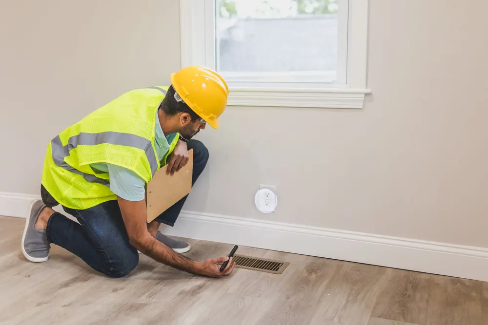 Flooring installation — construction worker hard hat inspects vent
