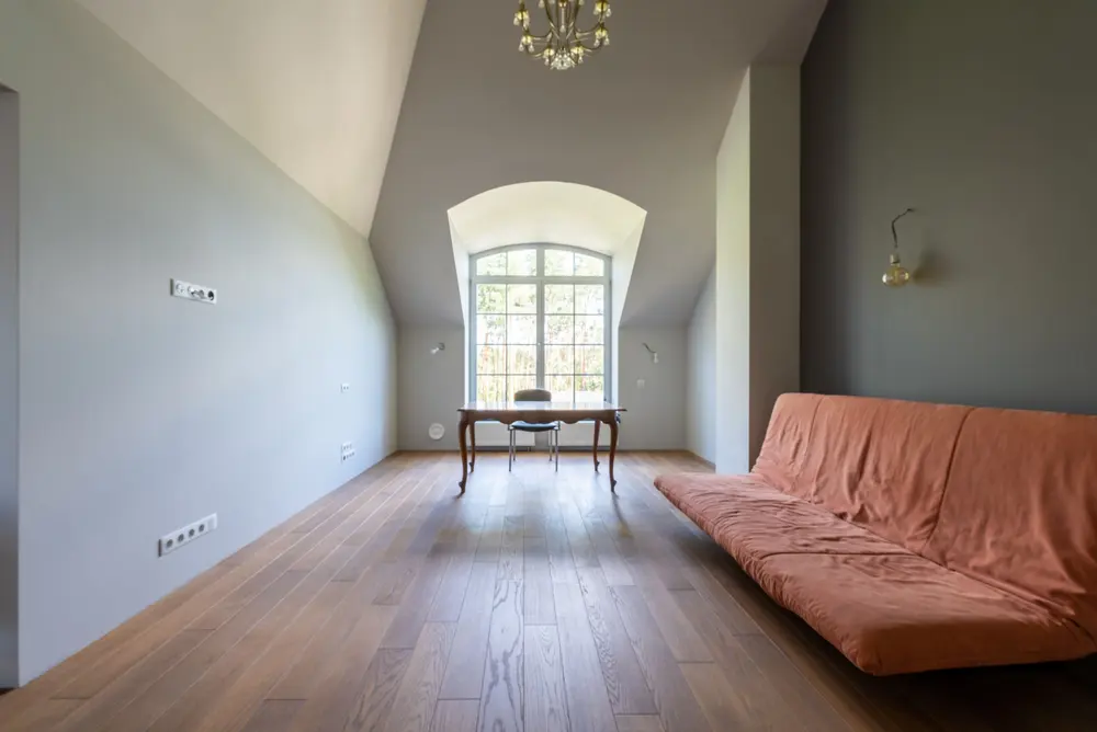 Refinished hardwood flooring — minimalist room chandelier large window sofa